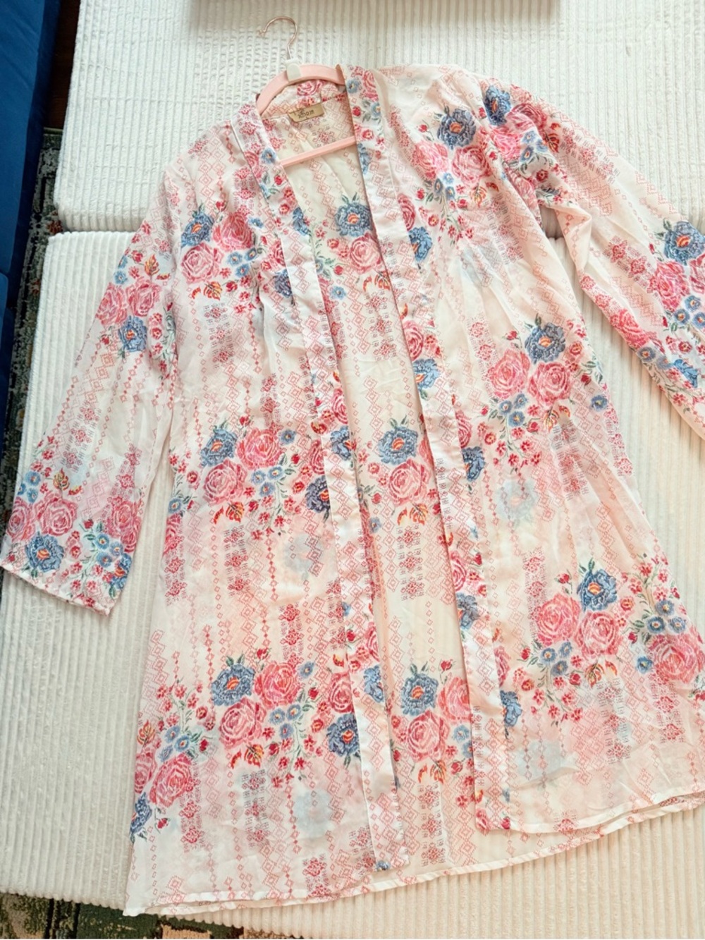 NWOT Jorja Boho Floral Pink & Blue Long Sheer Kimono Swim Coverup Sheer Duster